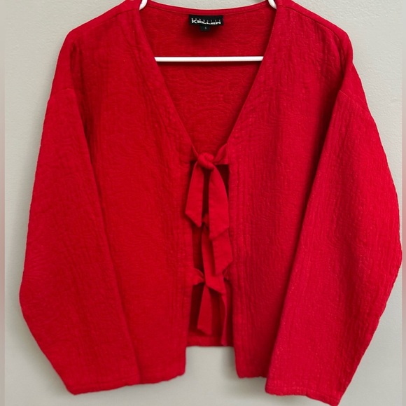 Sweaters - Jane Keller Red Cotton Tie Front Quilted Jacket Cardigan Sweater
